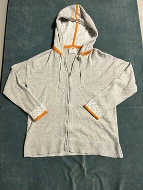 Edinburgh Knitwear Light Gray Zip Hoodie with Orange Trim and Cheetah Pattern